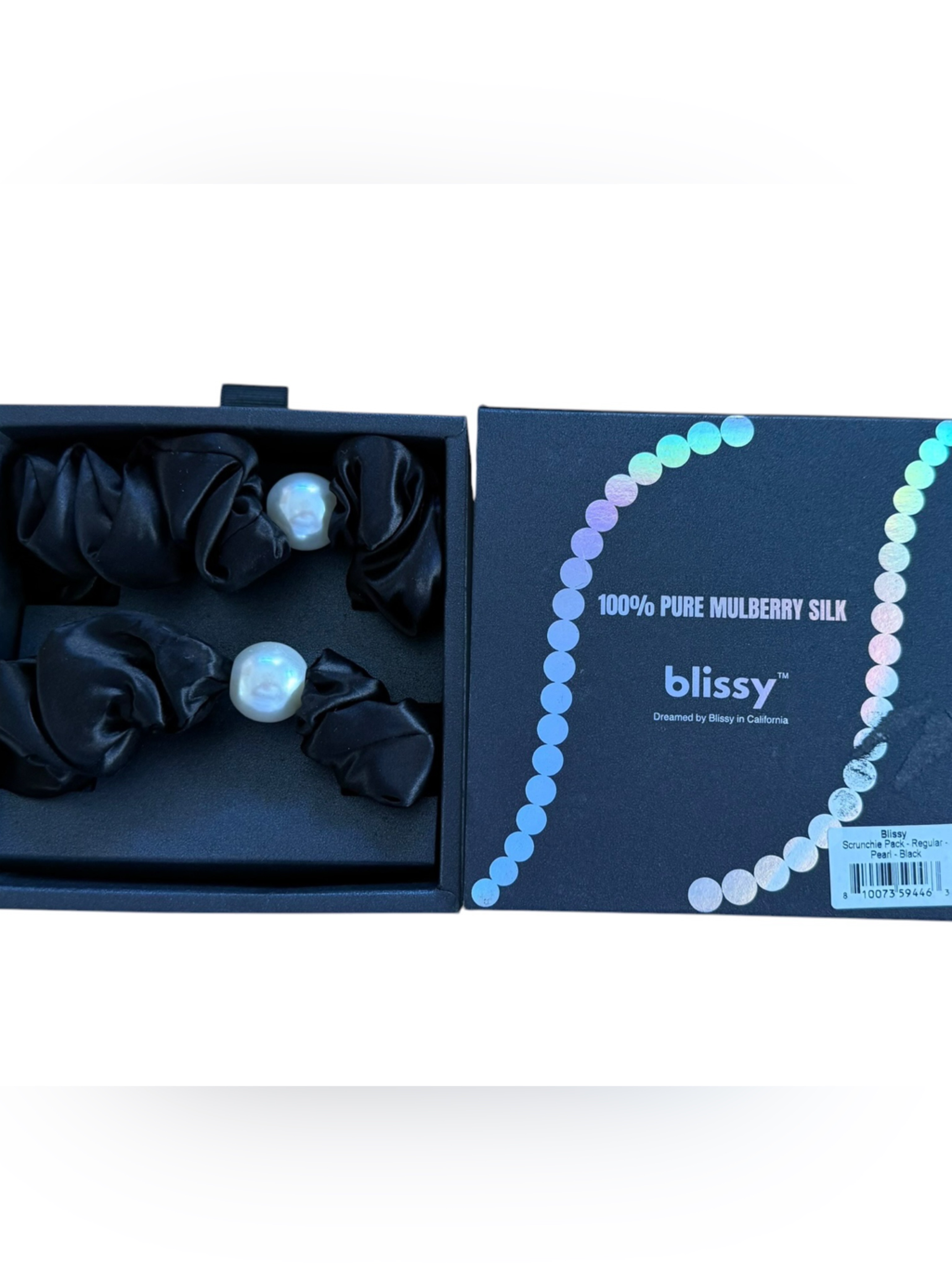 New In Box Blissy’s Pearl & Black 2-Piece Scrunchie Pack 100% Pure Mulberry Silk — image 5 of 7